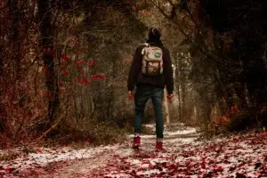 person wearing black jacket in the middle of forest